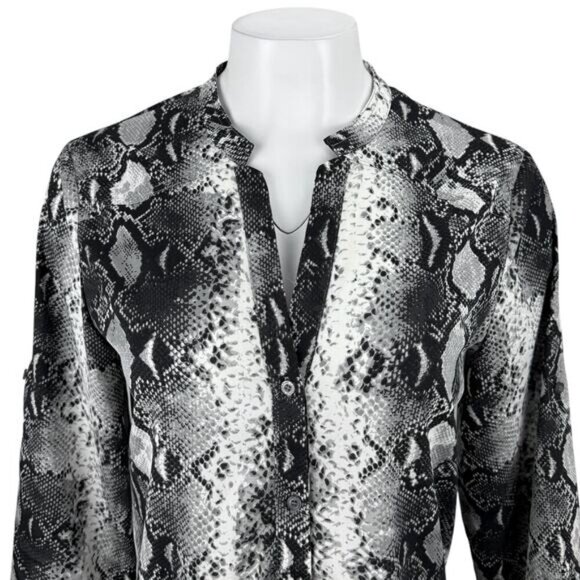 KARL LAGERFELD Paris Snake Print Button Up Blouse Shirt Sz Medium Roll Tab - Picture 2 of 5